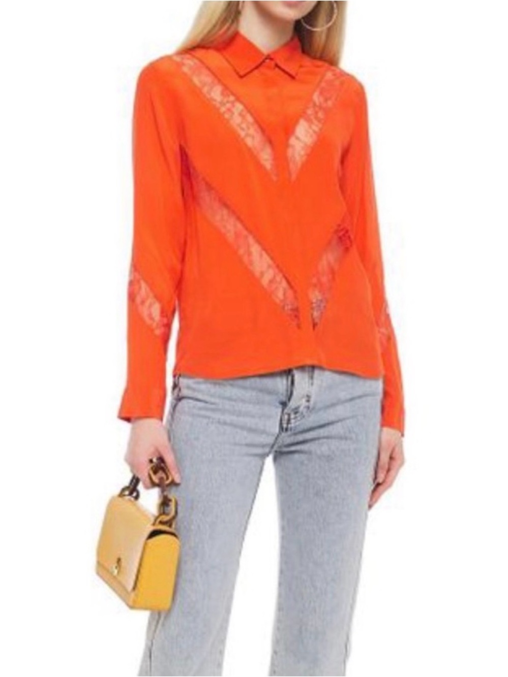 Maje Orange Lace-Panel Button Front Blouse
